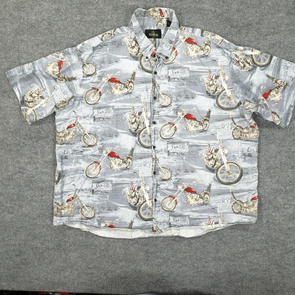 RedHead Shirt Mens 4XL Gray Motorcycle Route 66 Graphic Button Front Casual